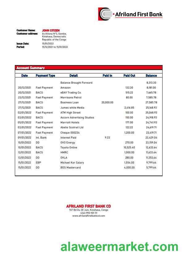Congo Afriland First bank statement template, Word and PDF format